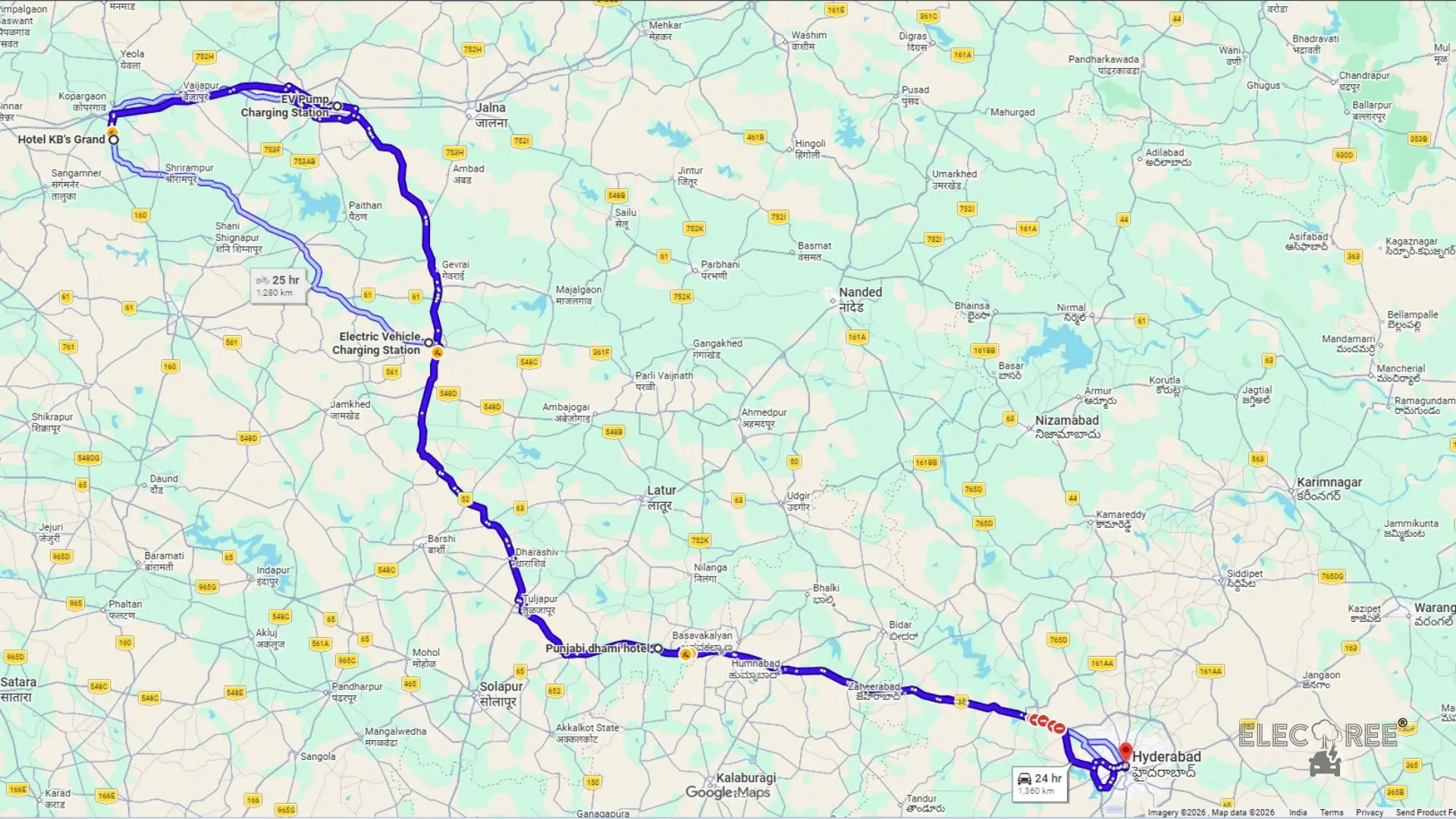 Map of 1459 km EV road trip from Hyderabad to Shirdi in a Tata Nexon EV 45. The image shows loop via NH65 and NH52