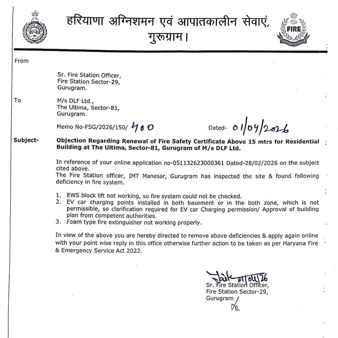 Notice received by Gurugram's DLF Ultima Society from Haryana Fire Department. Source Gaadiwaadi.com via Instagram