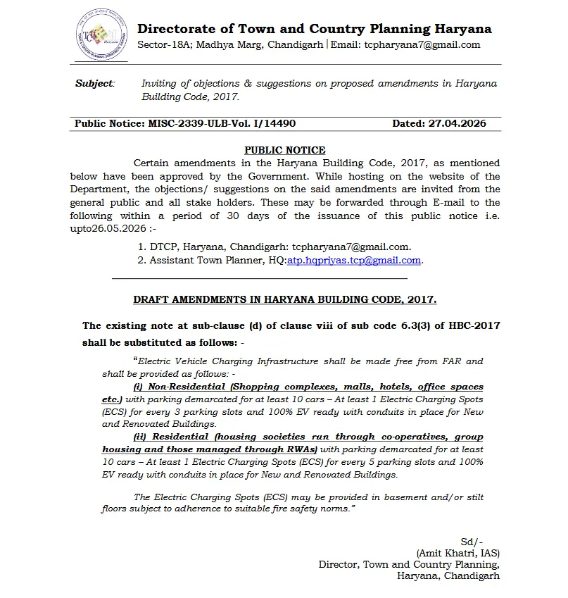 Public Notice for draft amendment in Haryana building code.2017