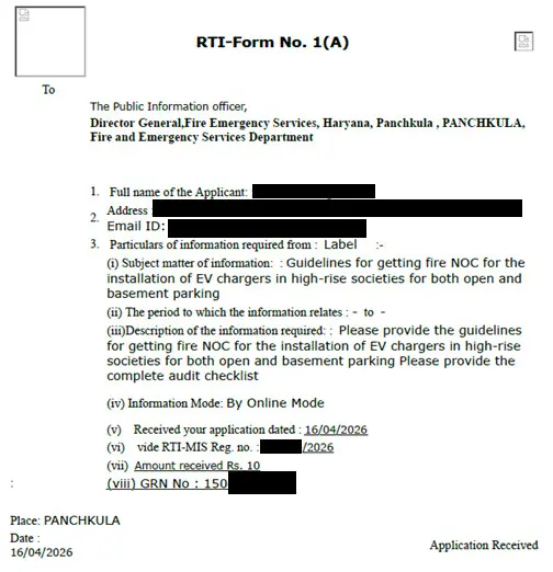 RTI filed by me seeking guidelines from Haryana Fire Department regarding EV Charger Installation.