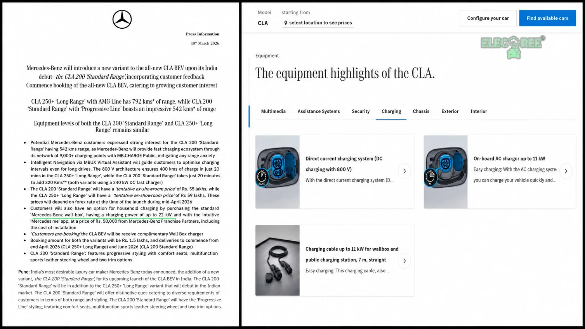Mercedes Benz's Official Press Information on March 10, 2026 stating 22kW AC charging capability and Official website screenshot as on May 11, 2026 showing 11kW AC charging.