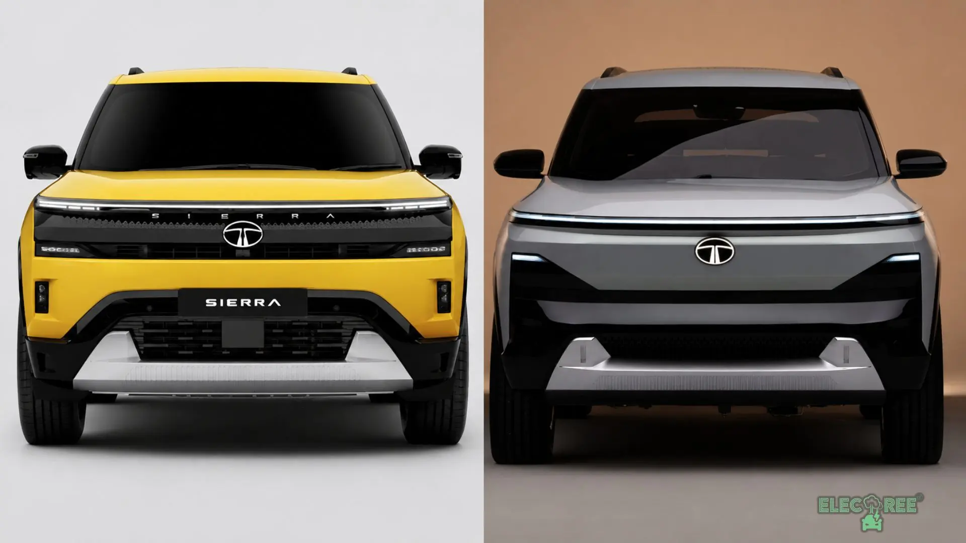 The front grille of Sierra EV will be different from its ICE counterpart. Tata Sierra ICE (left), Tata Sierra EV (right)