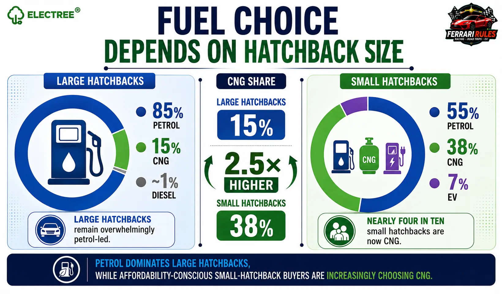 Fuel preference comparison showing large hatchbacks at 85% petrol, 15% CNG and around 1% diesel, while small hatchbacks are 55% petrol, 38% CNG and 7% electric. CNG share is approximately 2.5 times higher among small hatchbacks.