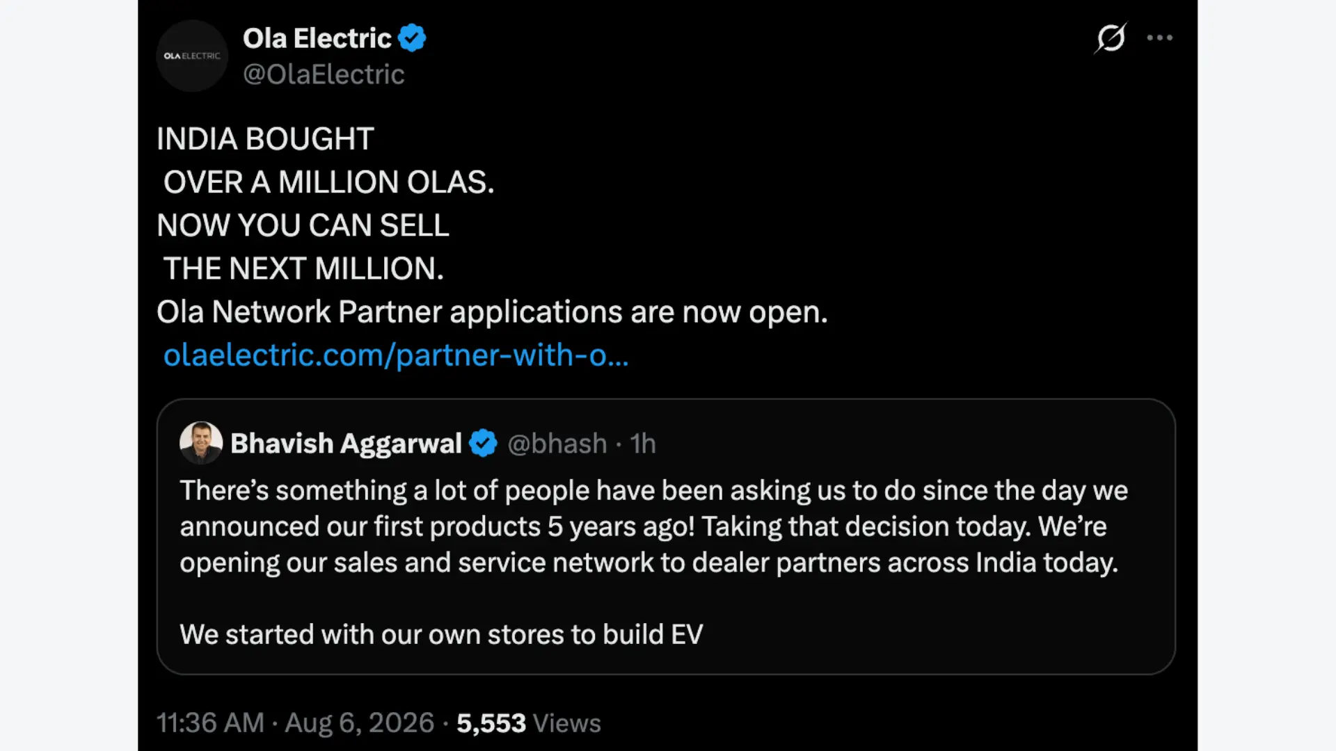 Ola Electric founder and CEO Bhavish Aggarwal announced the company's transition to a dealer-led sales and service model, with a nationwide rollout targeted by Diwali 2026.