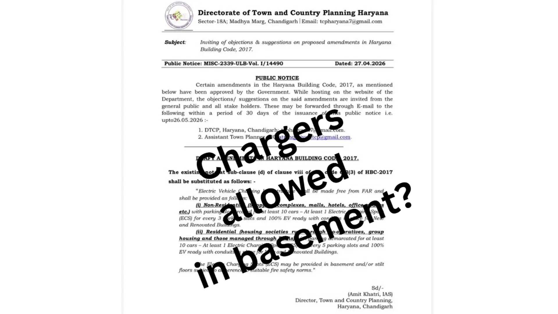 DTCP Haryana says "Electric charging spots may be provided in basement and/or stilt floors"