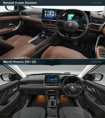 Interior comparison: Renault Duster Emotion, above, and Maruti Victoris ZXI+ (O), below.