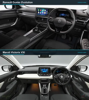 Interior comparison: Renault Duster Evolution, above, and Maruti Victoris VXI, below.