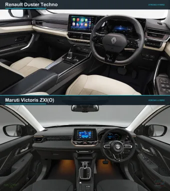 Interior comparison: Renault Duster Techno, above, and Maruti Victoris ZXI (O), below.