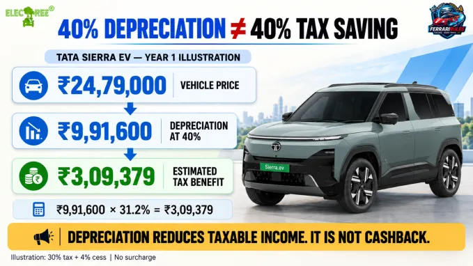  For the Sierra EV illustration, depreciation of ₹9,91,600 produces an estimated tax benefit of ₹3,09,379 at an effective tax rate of 31.2%.