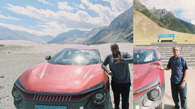 George Varghese with his 82-year-old father during their 9,260-km Mahindra BE 6 road trip from Kerala to the Ladakh region and back.