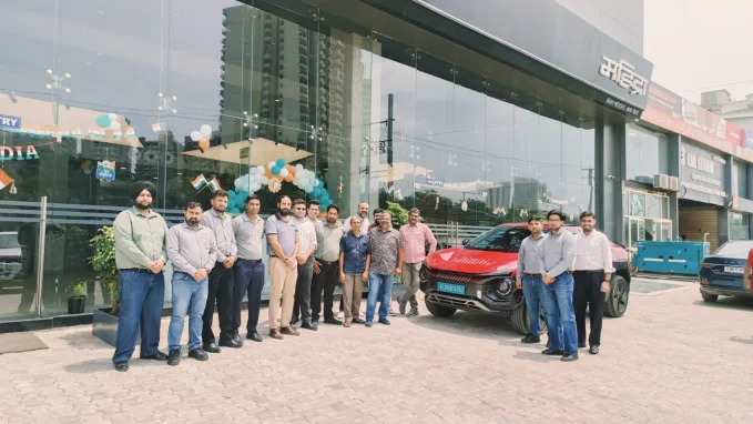 Mahindra showroom in Gurgaon, where George Varghese and his father were felicitated following their 9,260-km BE 6 road trip.