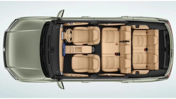A top view of the MG Hector Tomahawk EV’s three-row interior layout and cabin space.