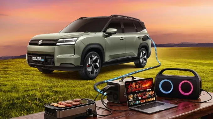 The MG Hector Tomahawk EV supports vehicle-to-load functionality for powering external devices.