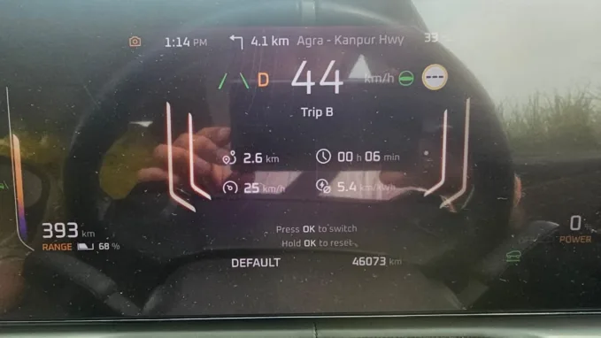 Anoosh started recording his journey at 68% SoC with 393 km calculated range remaining.