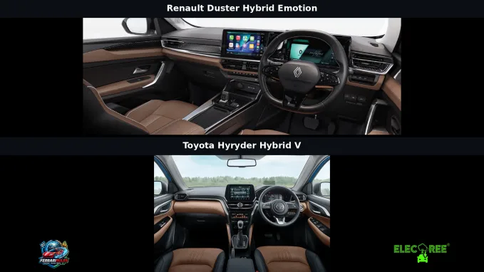 Visual comparison of the interiors of Duster Hybrid Emotion and Hyryder Hybrid V variants.