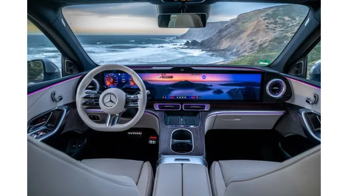 The GLC EV carries forward the recognizable Mercedes Interior design with a massive expansive screen