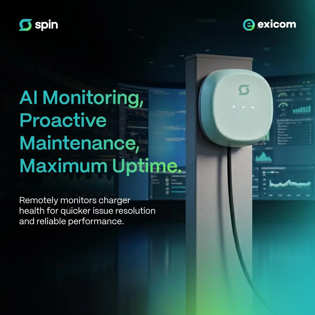 Exicom Spin Air EV charger on a pedestal stand with remote monitoring dashboard