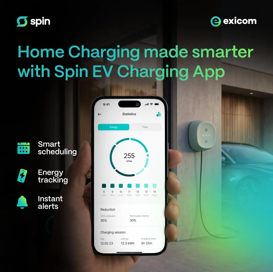 Spin EV charging app on a phone showing energy statistics next to the Exicom Spin Air charger