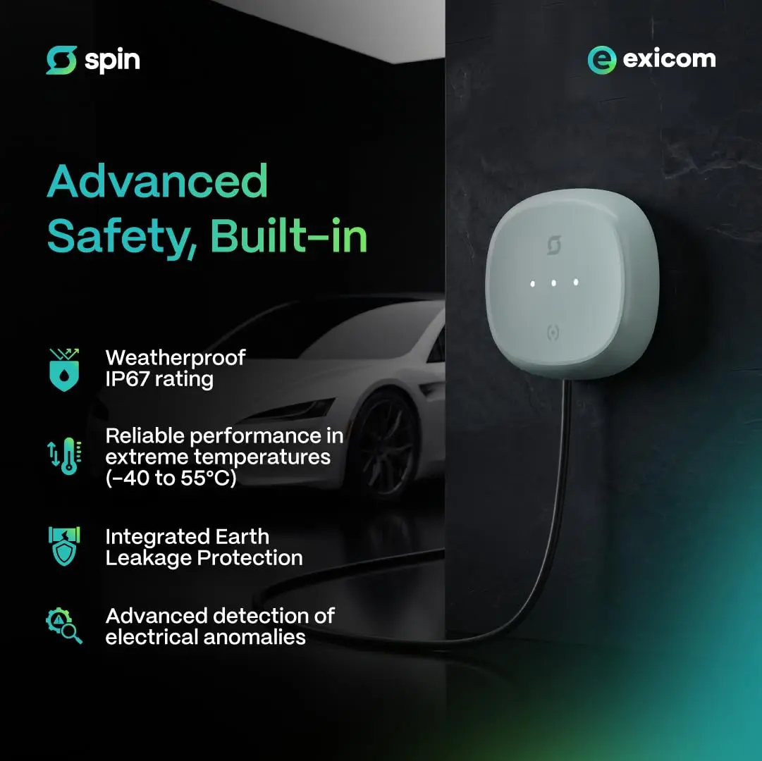 Exicom Spin Air EV charger safety features infographic