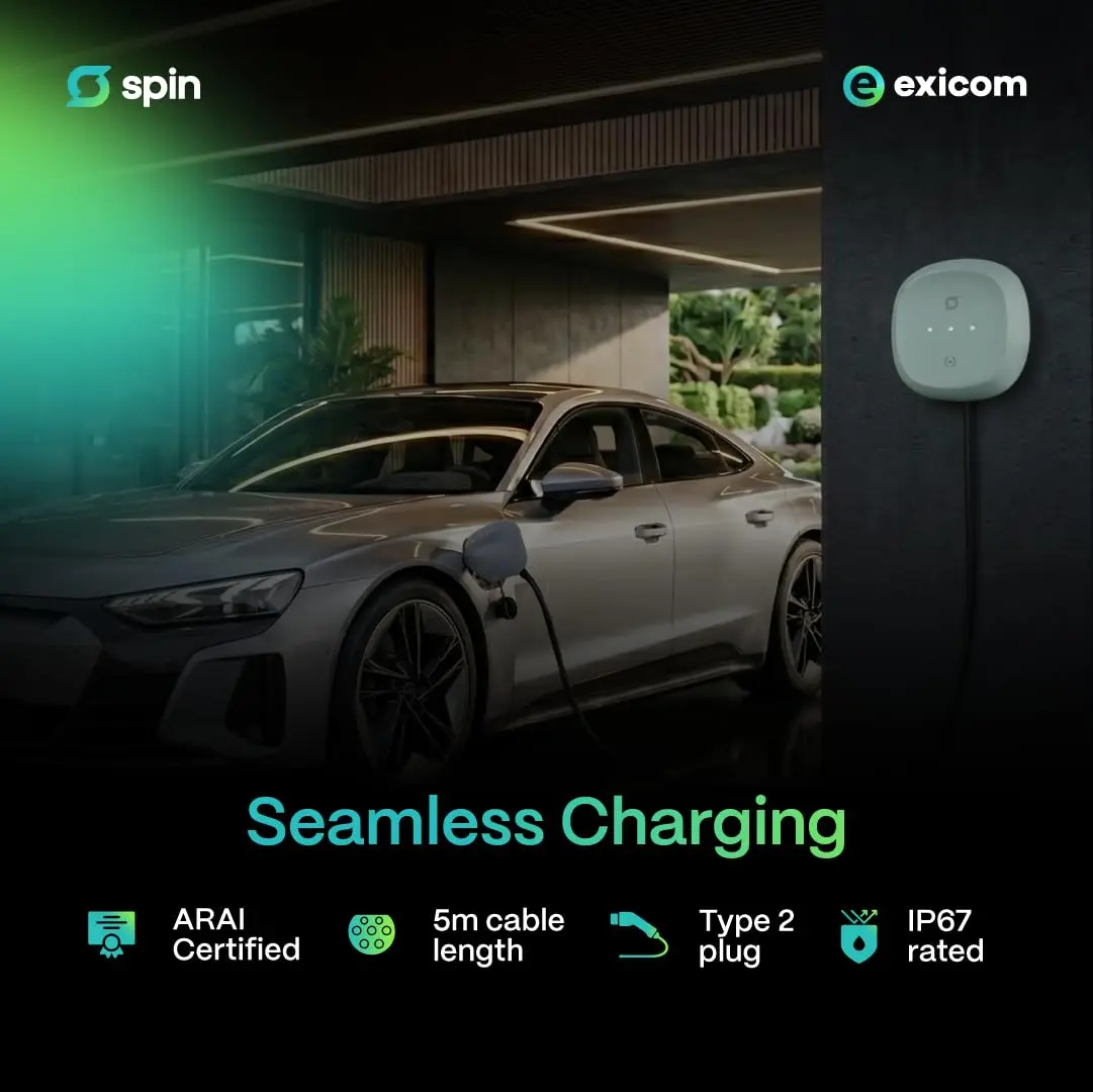 Exicom Spin Air charging an electric car in a home garage