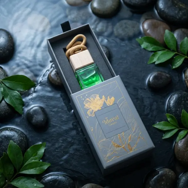 Idavat Ganges premium aquatic car fragrance open gift box displaying green glass diffuser bottle with wooden cap surrounded by river pebbles and green leaves on dark wet slate