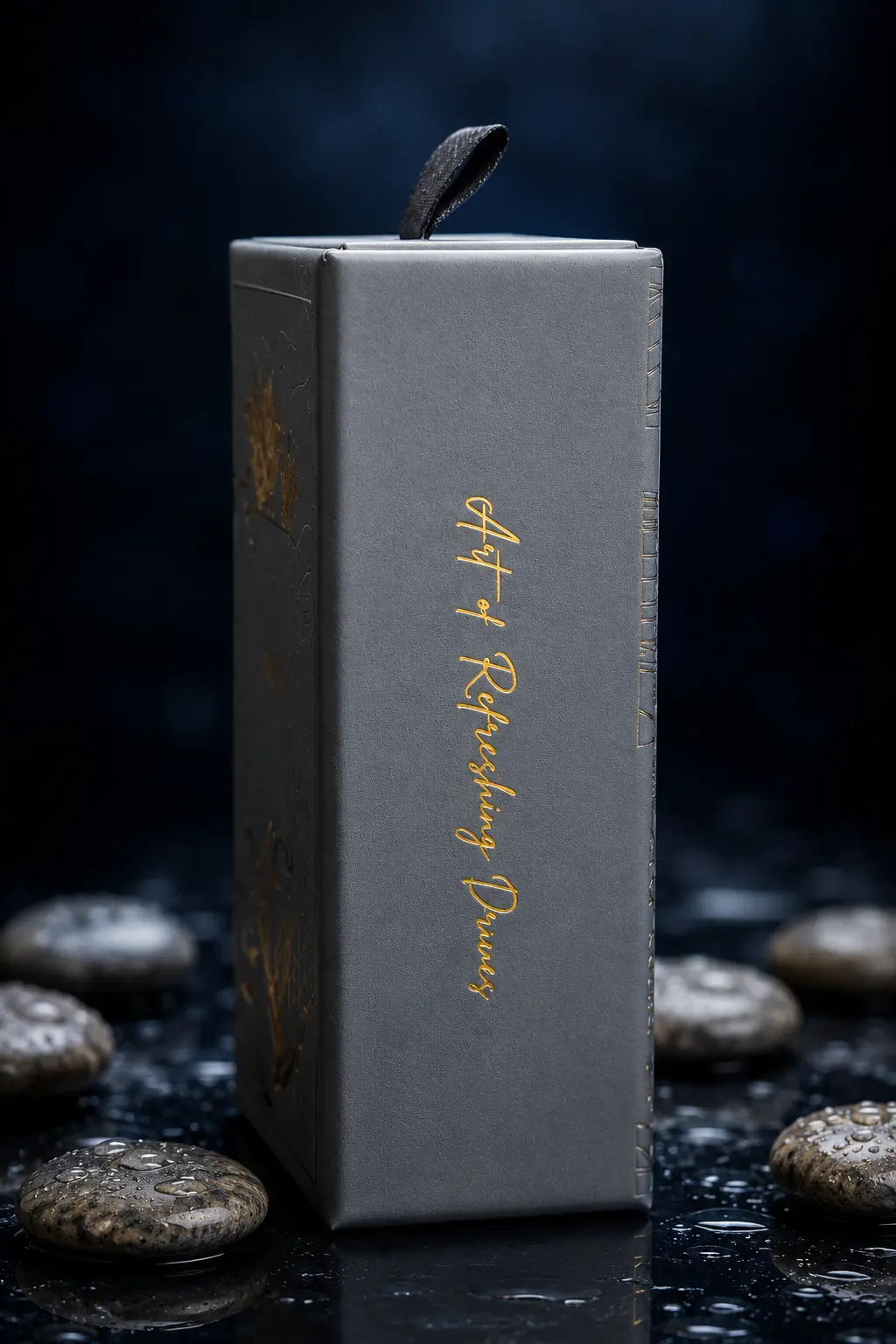 Idavat Ganges car fragrance box side panel showing Art of Refreshing Drives tagline in gold script with river pebbles and water droplets on dark background