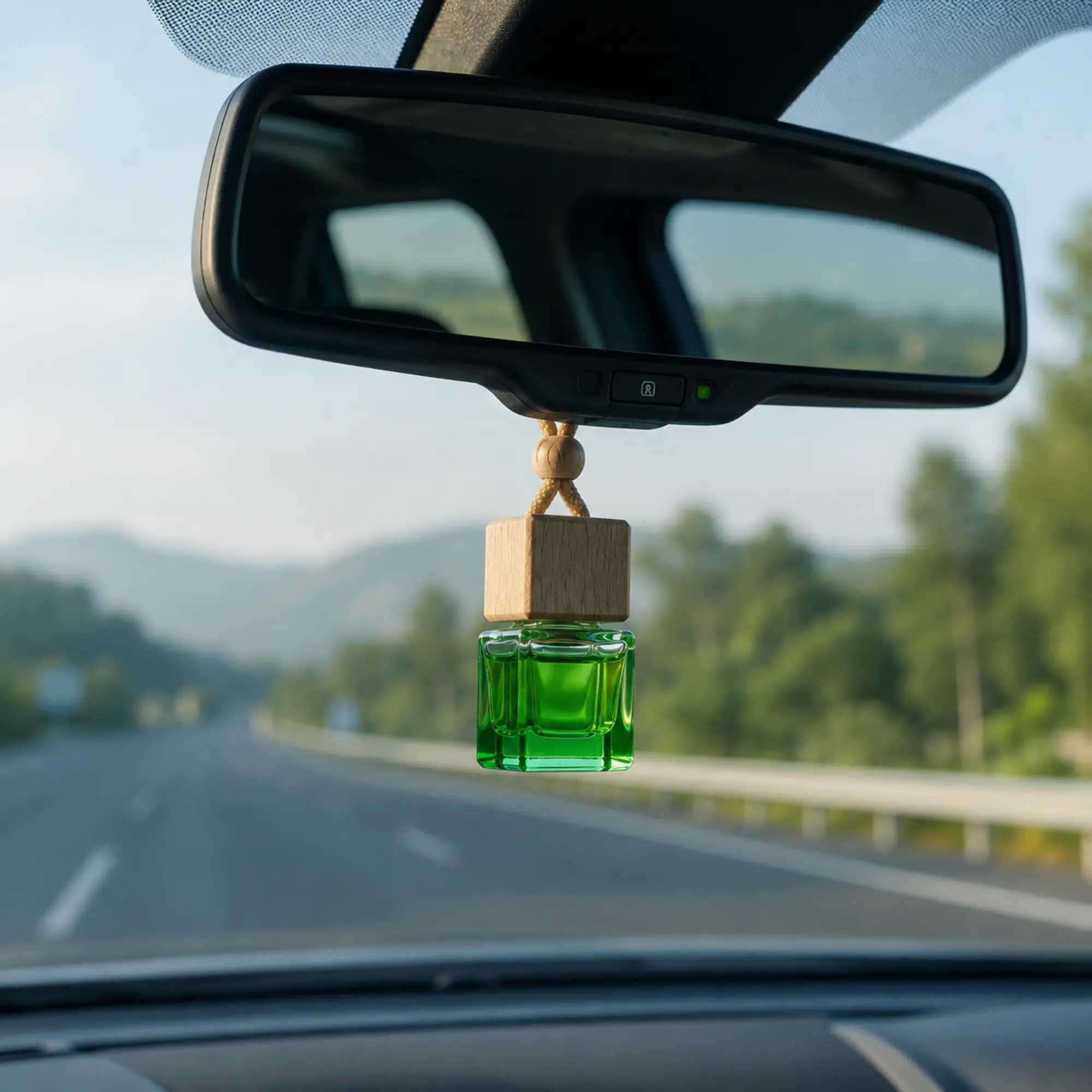 Idavat Ganges aquatic car fragrance green glass bottle with wooden cap hanging from inner rearview mirror inside car with the road visible through windshield